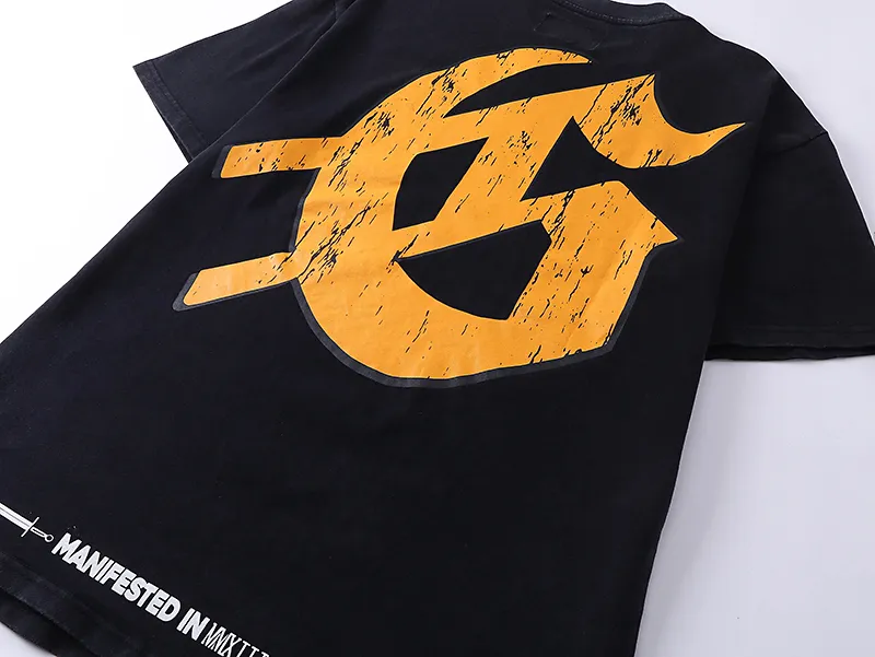 1015# P126 Washed model Real shot Godspeed American fashion rock street retro washed distressed printed cotton short sleeves Fabric: 250g 32 count fine cotton double yarn pure cotton Color: washed black washed blue Code number: S M L XL