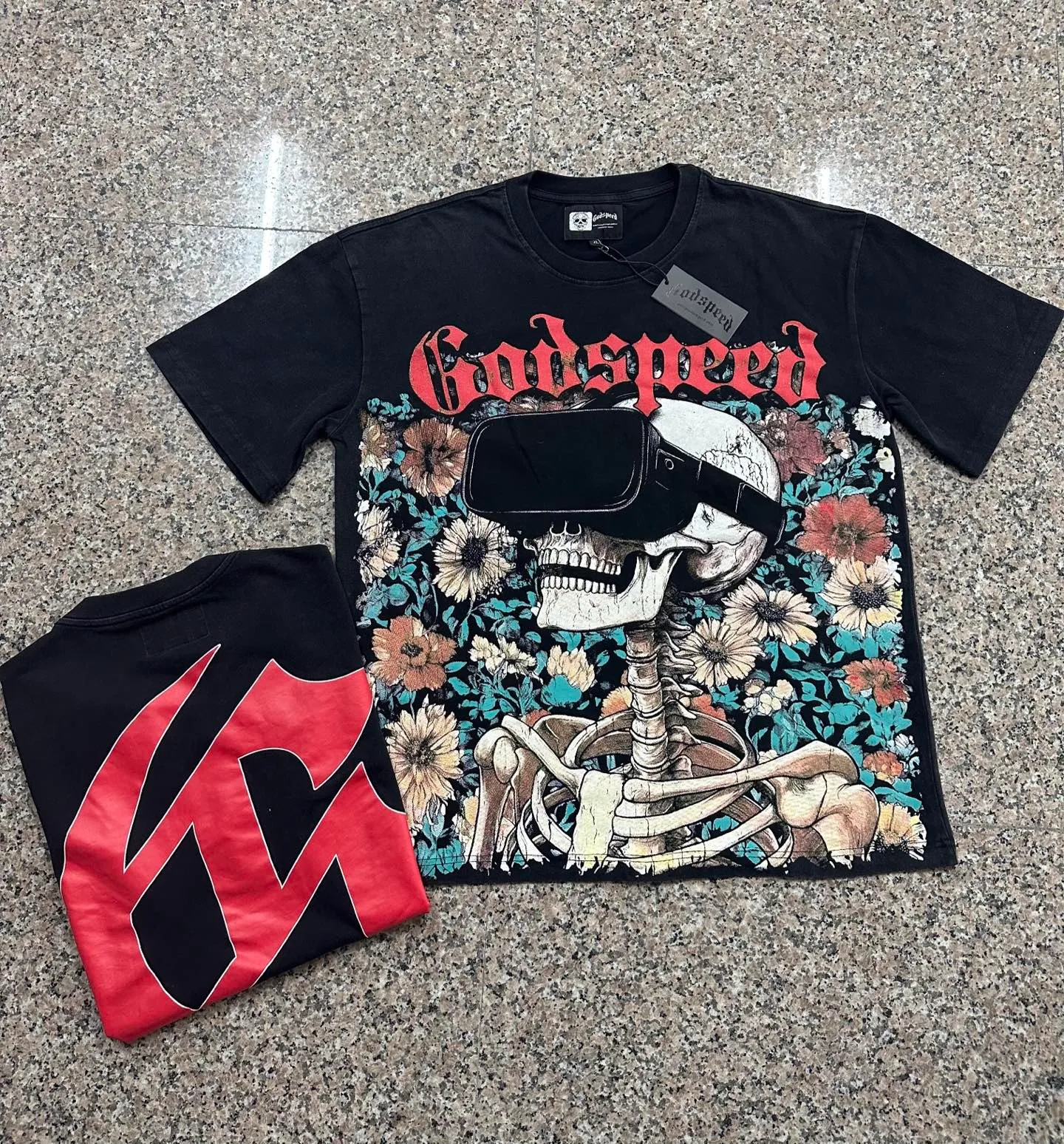 6135# washed black I P116 real stock (American trendy niche) Godspeed cross-border American rock street washed retro style short-sleeved T (craft printing) fabric (fabric): 32 counts combed double yarn 250 grams weight code (size): S-M-L-XL color (colour): washed black