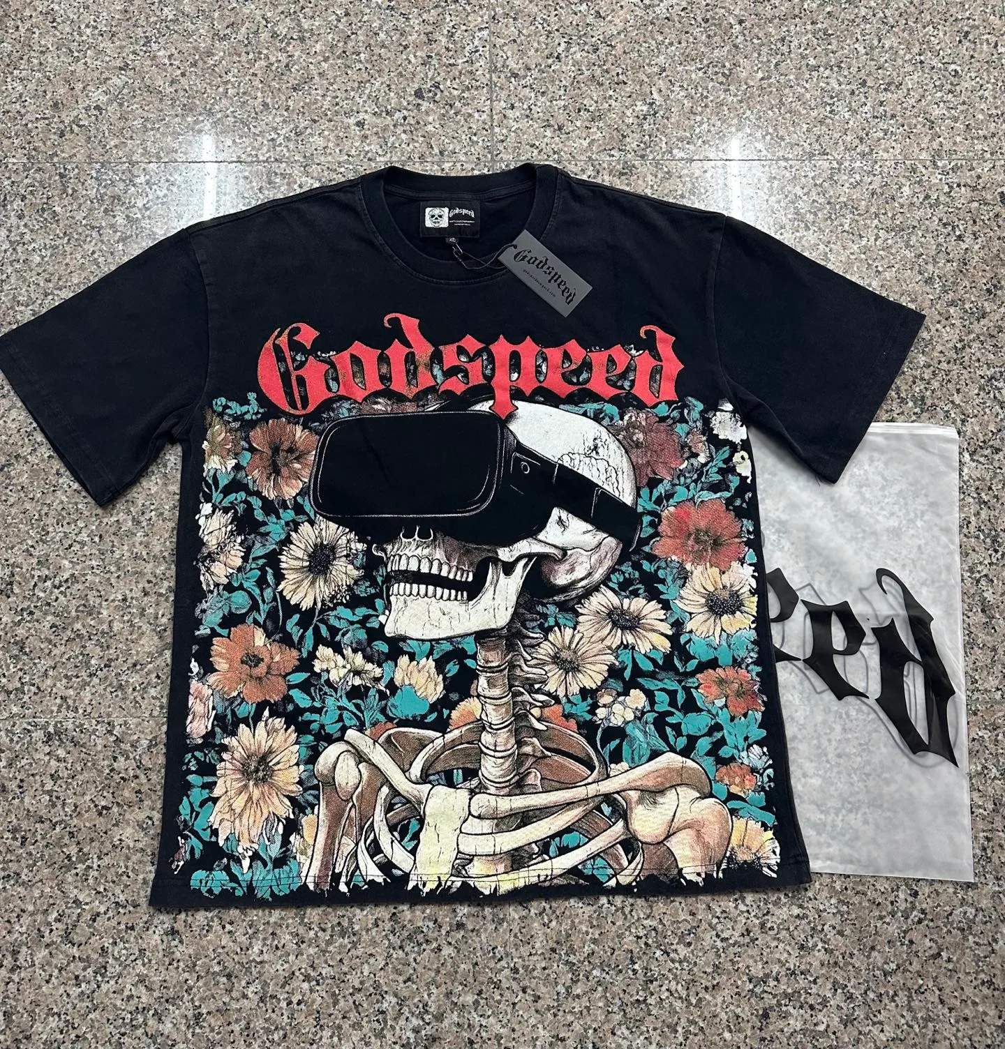 6135# washed black I P116 real stock (American trendy niche) Godspeed cross-border American rock street washed retro style short-sleeved T (craft printing) fabric (fabric): 32 counts combed double yarn 250 grams weight code (size): S-M-L-XL color (colour): washed black
