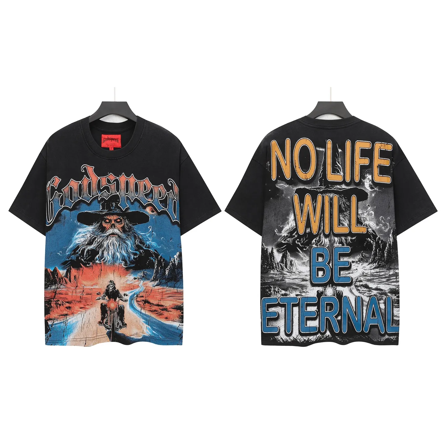 6303# Washed black I P116 Real stock (American fashion niche) Godspeed cross-border American rock street washed retro style short-sleeved T (craft printing) Fabric (fabric): 32 counts combed double yarn 250 grams weight Size (size): S-M-L-XL Color (colour): Washed black