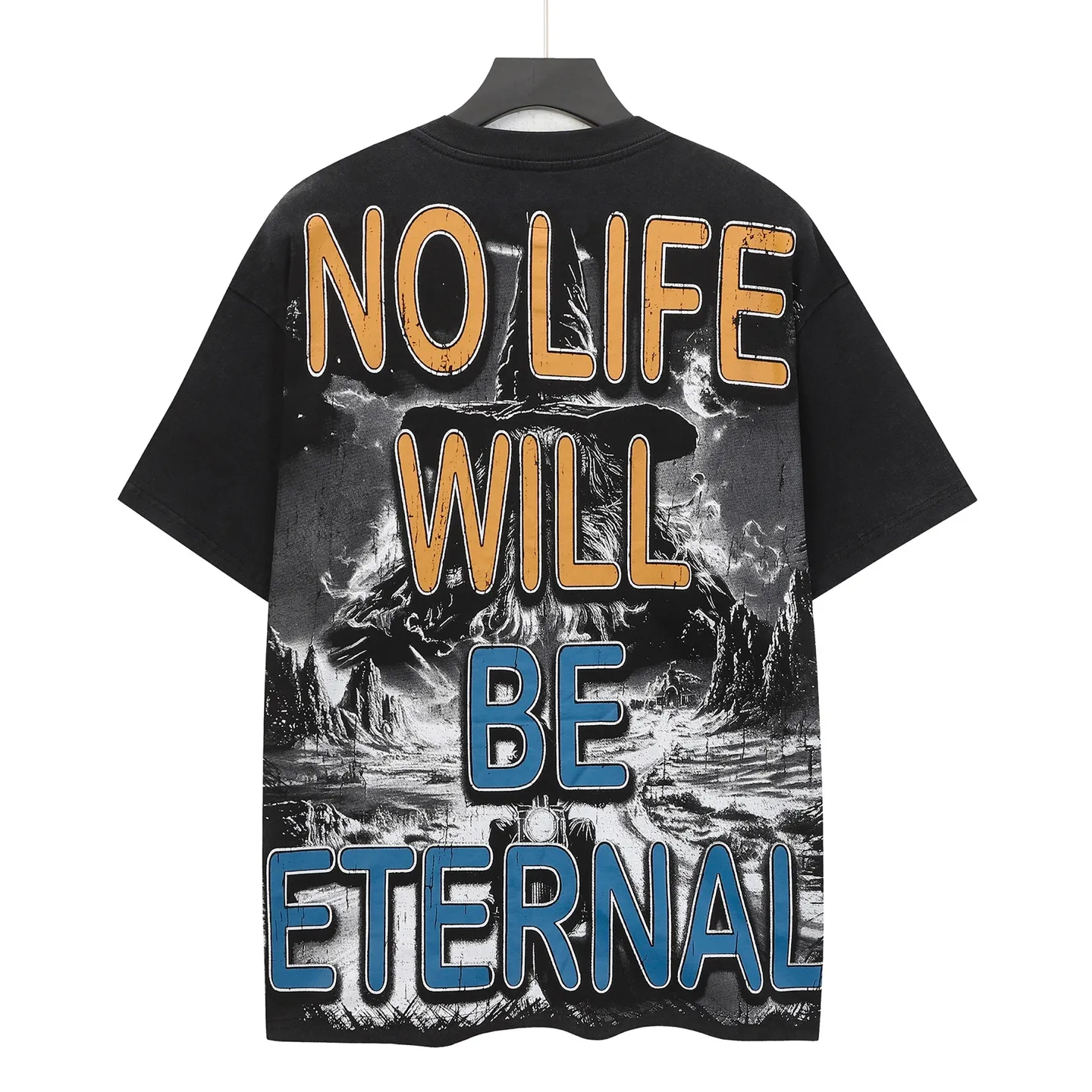 6303# Washed black I P116 Real stock (American fashion niche) Godspeed cross-border American rock street washed retro style short-sleeved T (craft printing) Fabric (fabric): 32 counts combed double yarn 250 grams weight Size (size): S-M-L-XL Color (colour): Washed black