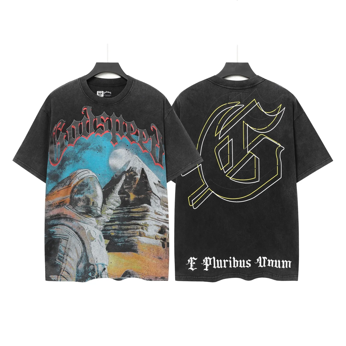 6041# washed black｜P116 Godspeed cross-border American rock and roll street washed retro style short-sleeved T (craft printing) fabric (fabric): 32 count combed double yarn 250 grams weight code (size): S-M-L-XL color (colour): washed black 👉
