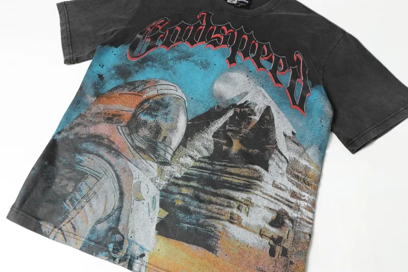 6041# washed black｜P116 Godspeed cross-border American rock and roll street washed retro style short-sleeved T (craft printing) fabric (fabric): 32 count combed double yarn 250 grams weight code (size): S-M-L-XL color (colour): washed black 👉