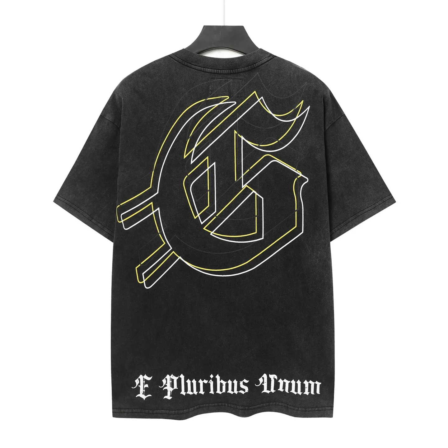 6041# washed black｜P116 Godspeed cross-border American rock and roll street washed retro style short-sleeved T (craft printing) fabric (fabric): 32 count combed double yarn 250 grams weight code (size): S-M-L-XL color (colour): washed black 👉