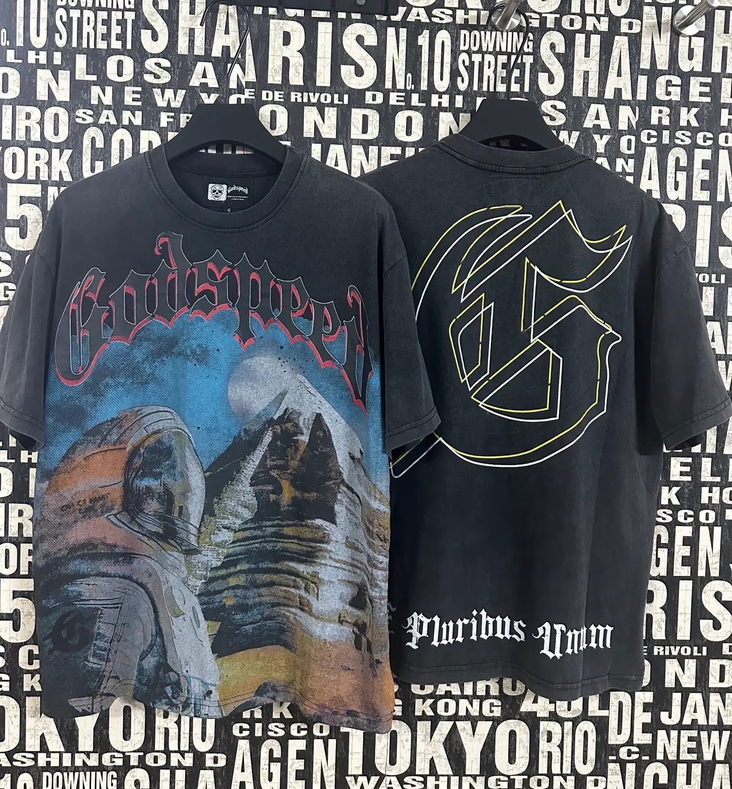 6041# washed black｜P116 Godspeed cross-border American rock and roll street washed retro style short-sleeved T (craft printing) fabric (fabric): 32 count combed double yarn 250 grams weight code (size): S-M-L-XL color (colour): washed black 👉