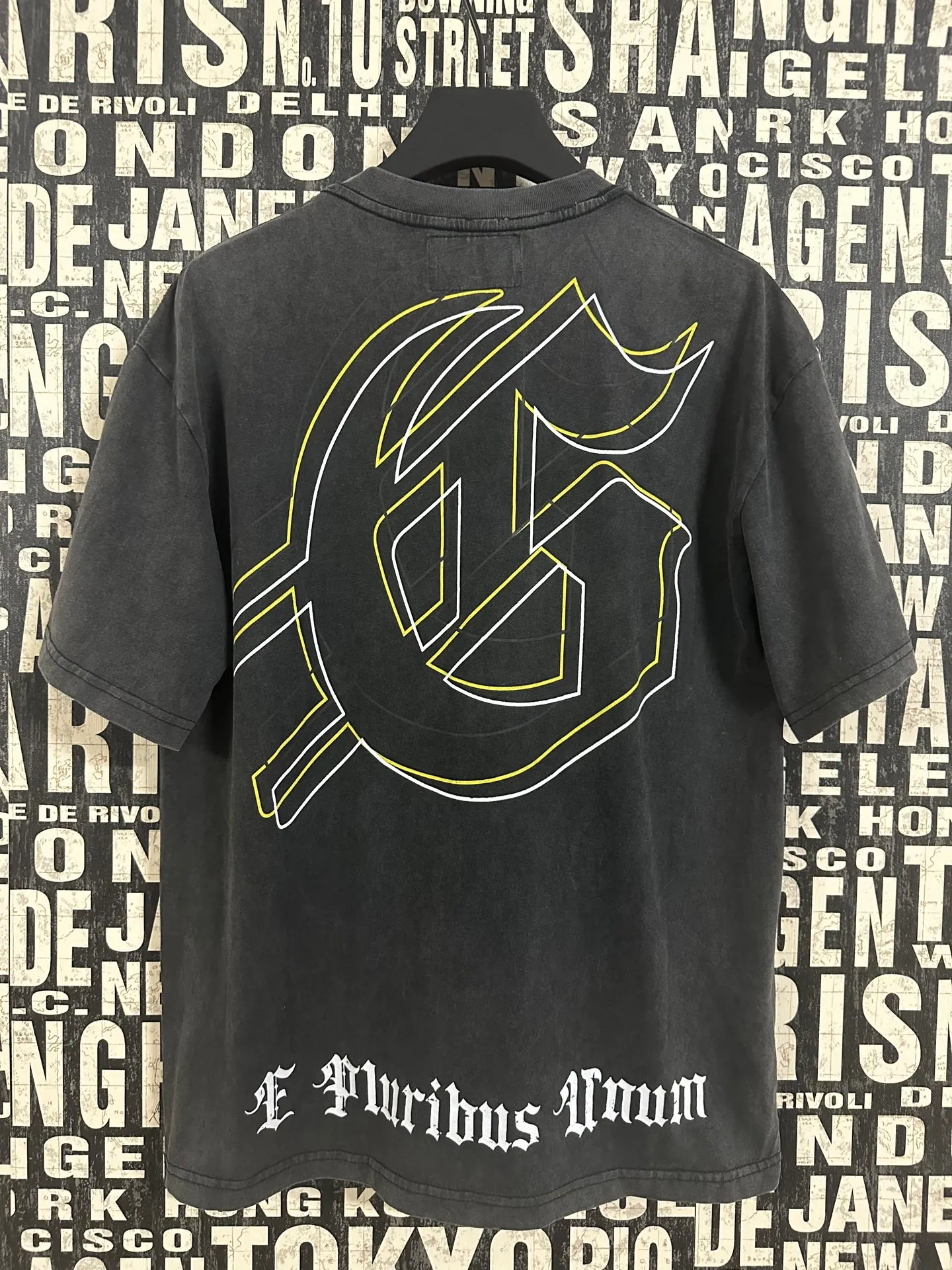 6041# washed black｜P116 Godspeed cross-border American rock and roll street washed retro style short-sleeved T (craft printing) fabric (fabric): 32 count combed double yarn 250 grams weight code (size): S-M-L-XL color (colour): washed black 👉
