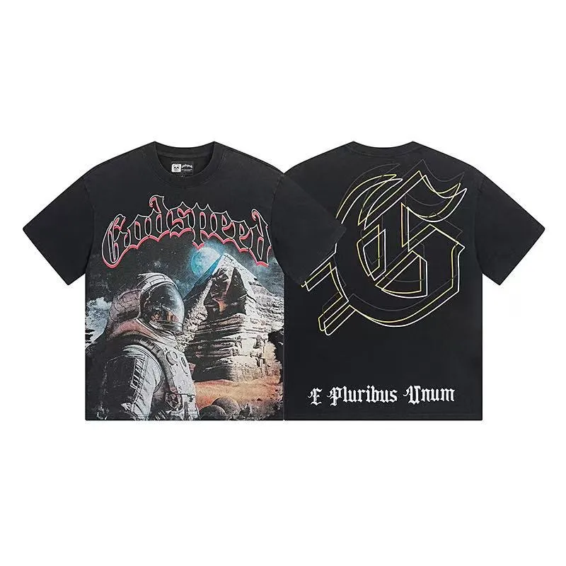 6041# washed black｜P116 Godspeed cross-border American rock and roll street washed retro style short-sleeved T (craft printing) fabric (fabric): 32 count combed double yarn 250 grams weight code (size): S-M-L-XL color (colour): washed black 👉