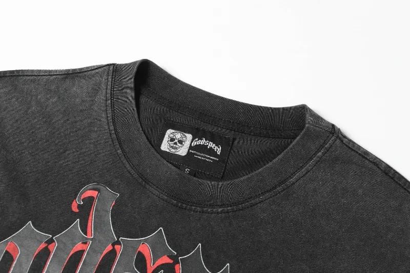 6041# washed black｜P116 Godspeed cross-border American rock and roll street washed retro style short-sleeved T (craft printing) fabric (fabric): 32 count combed double yarn 250 grams weight code (size): S-M-L-XL color (colour): washed black 👉