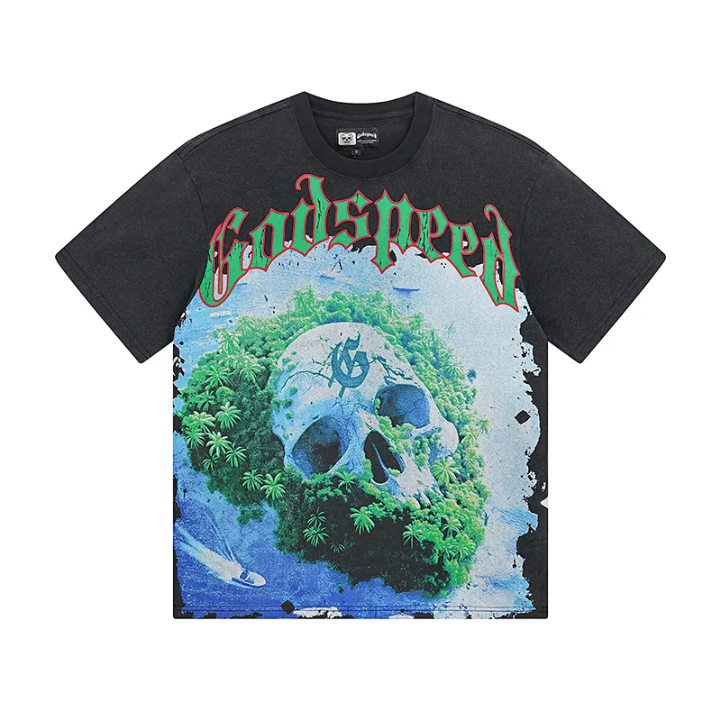 1030# P126 Washed Black Real Shot Godspeed American Fashion Rock Street Retro Washed Distressed Printed Pure Cotton Short Sleeves Fabric: 250g 32 Count Fine Cotton Double Yarn Pure Cotton Color: Washed Black Size: S M L XL