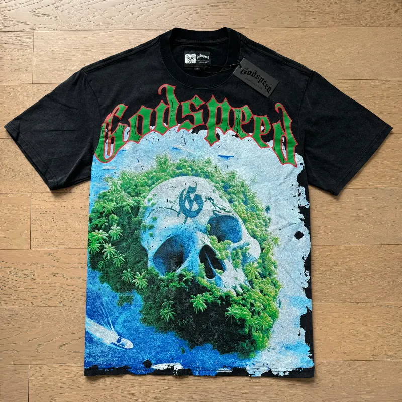 1030# P126 Washed Black Real Shot Godspeed American Fashion Rock Street Retro Washed Distressed Printed Pure Cotton Short Sleeves Fabric: 250g 32 Count Fine Cotton Double Yarn Pure Cotton Color: Washed Black Size: S M L XL