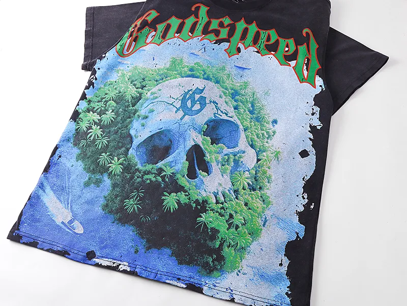 1030# P126 Washed Black Real Shot Godspeed American Fashion Rock Street Retro Washed Distressed Printed Pure Cotton Short Sleeves Fabric: 250g 32 Count Fine Cotton Double Yarn Pure Cotton Color: Washed Black Size: S M L XL