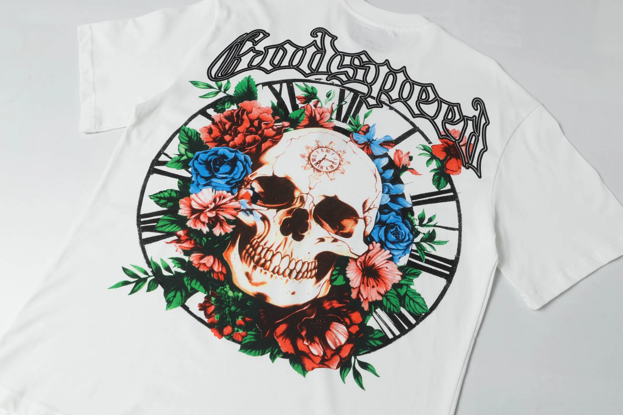 5046# White/Apricot｜P104 Godspeed cross-border American rock and roll street washed retro style short-sleeved T (craft printing) fabric (fabric) 32 counts combed double yarn 240 grams weight code number (size): S-M-L-XL color (colour): apricot.white