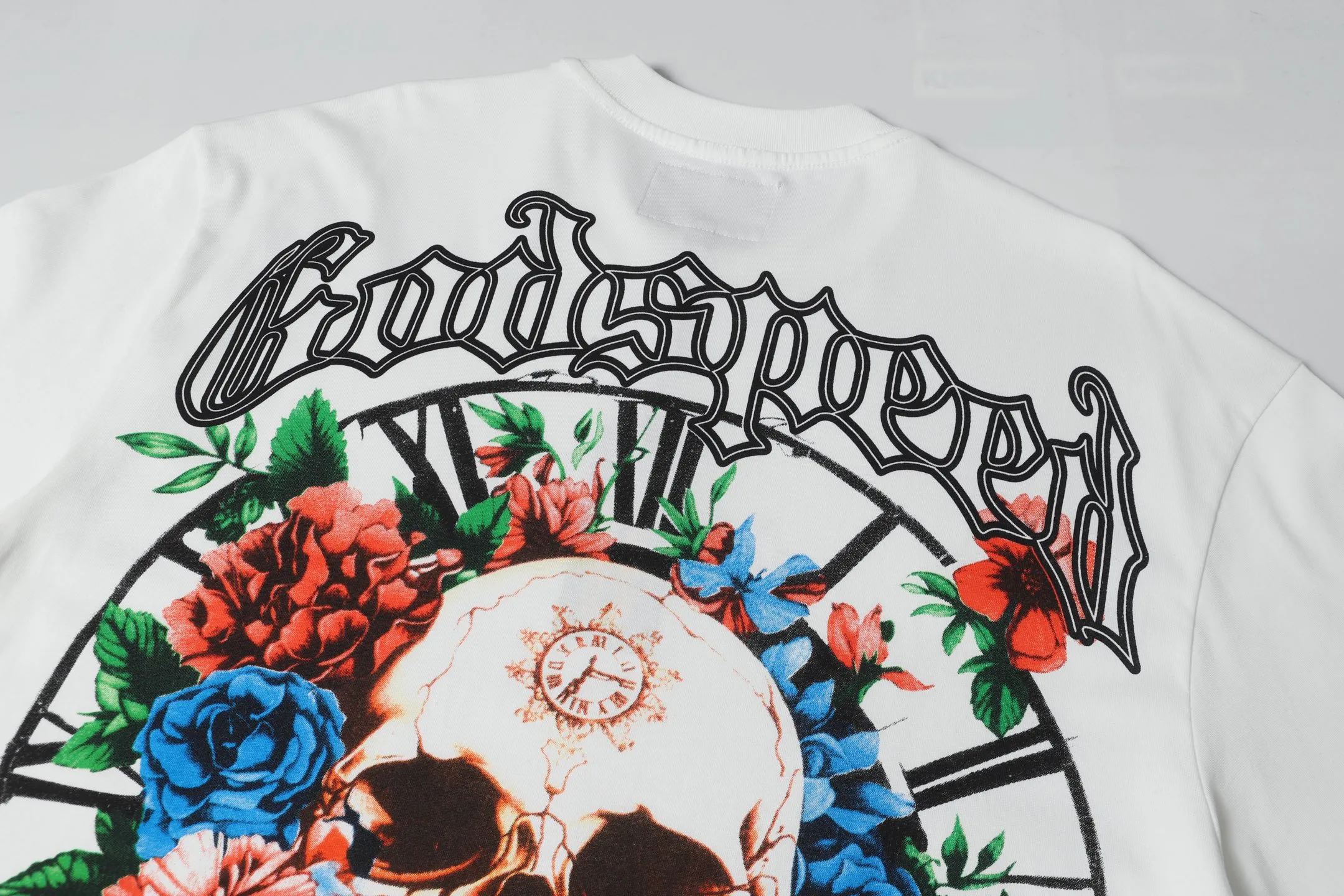 5046# White/Apricot｜P104 Godspeed cross-border American rock and roll street washed retro style short-sleeved T (craft printing) fabric (fabric) 32 counts combed double yarn 240 grams weight code number (size): S-M-L-XL color (colour): apricot.white