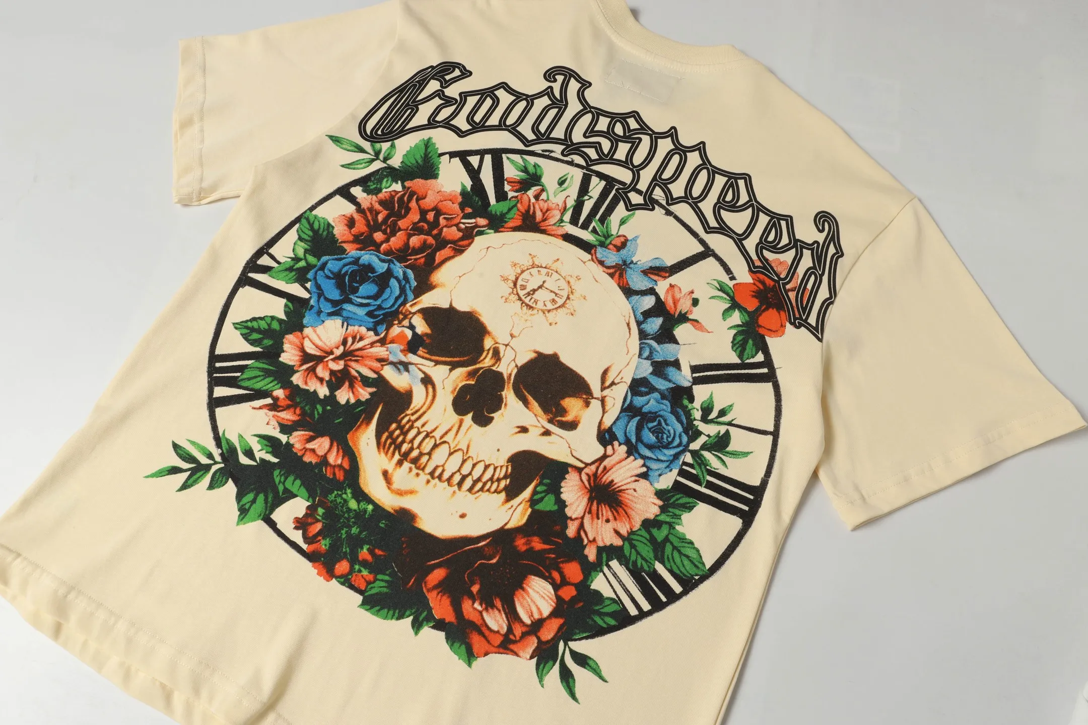 5046# White/Apricot｜P104 Godspeed cross-border American rock and roll street washed retro style short-sleeved T (craft printing) fabric (fabric) 32 counts combed double yarn 240 grams weight code number (size): S-M-L-XL color (colour): apricot.white