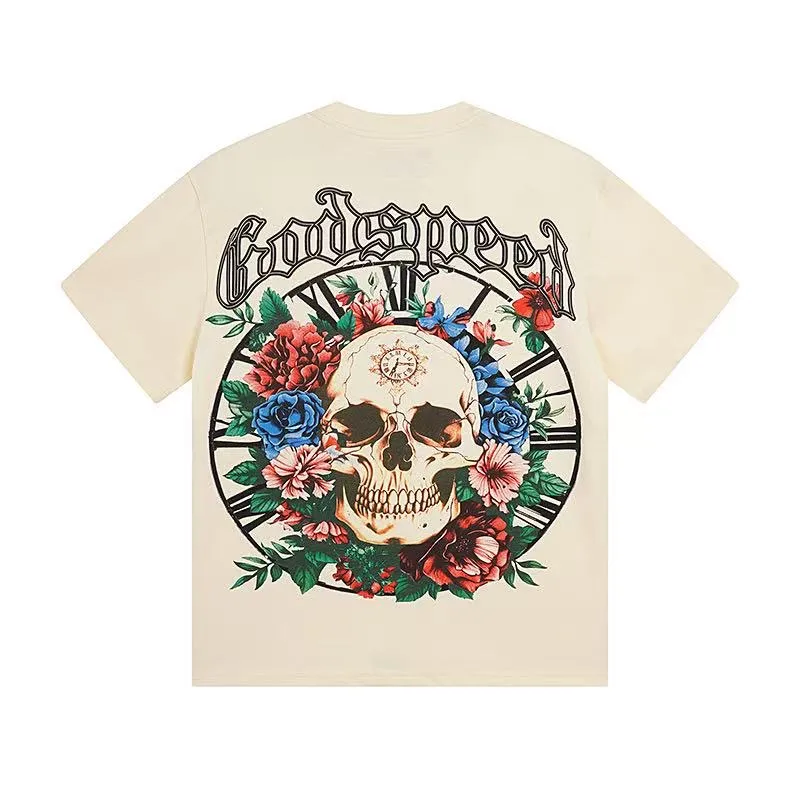 5046# White/Apricot｜P104 Godspeed cross-border American rock and roll street washed retro style short-sleeved T (craft printing) fabric (fabric) 32 counts combed double yarn 240 grams weight code number (size): S-M-L-XL color (colour): apricot.white