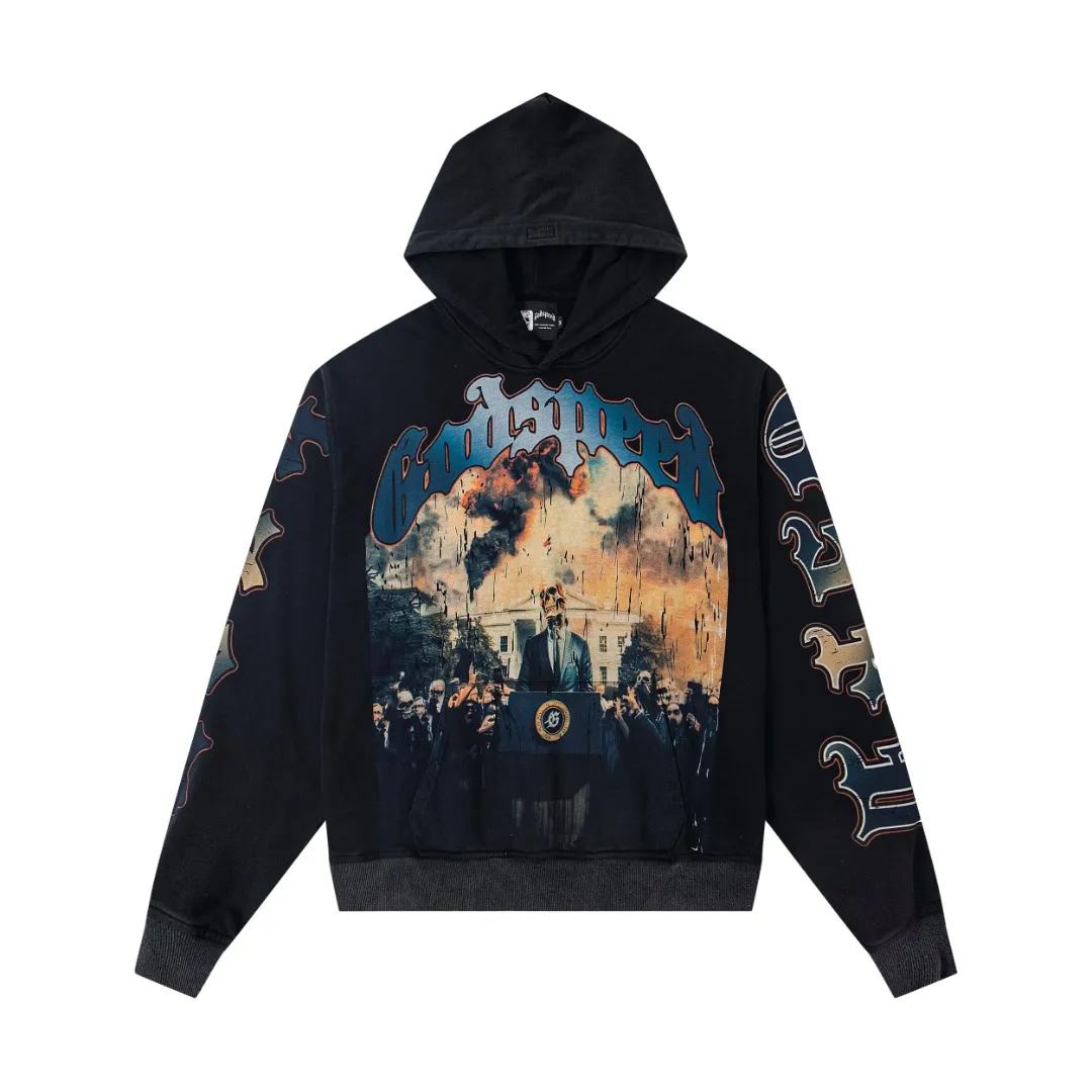 G22# GodSpeed ​​white ink direct spray sweatshirt S-XL washed black P236