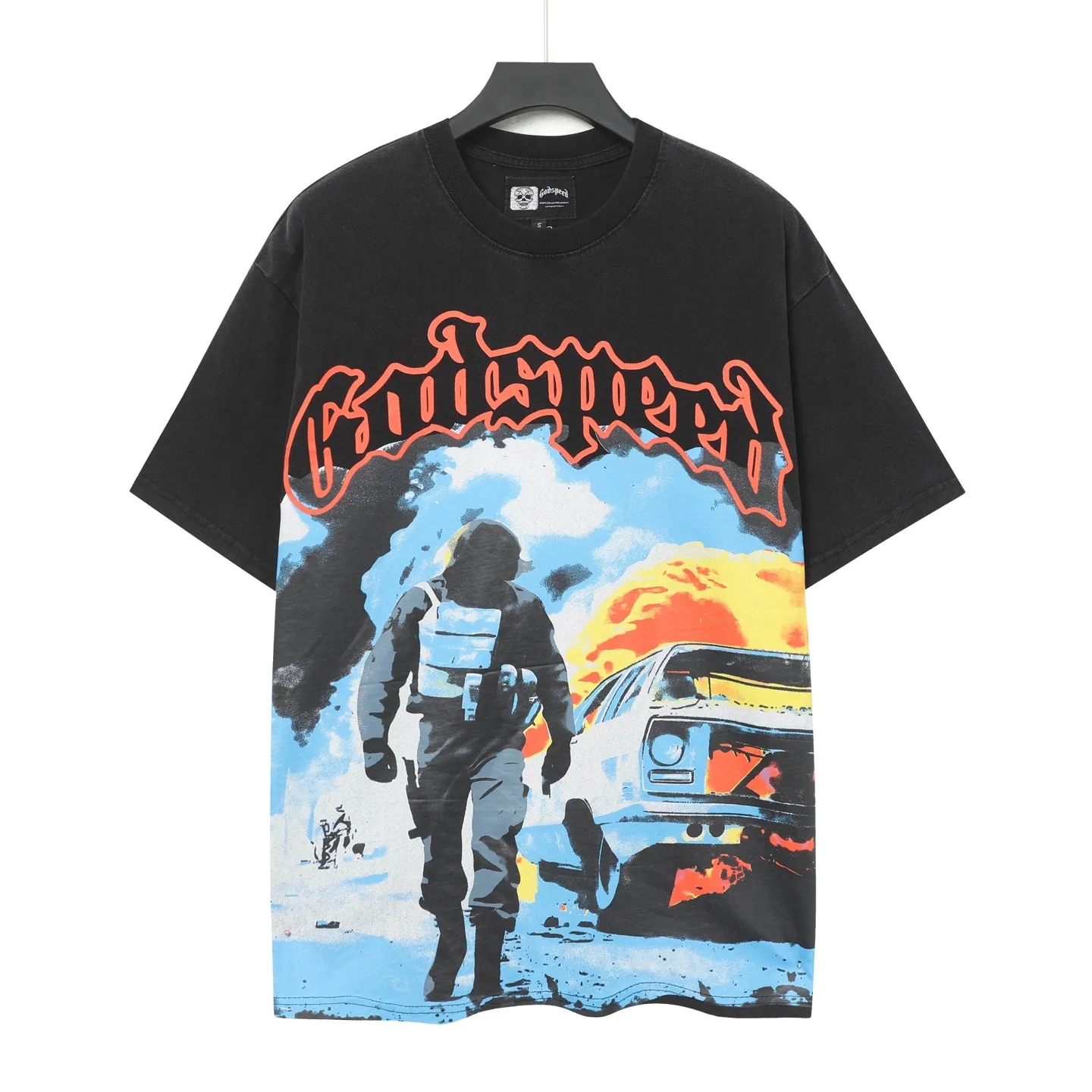 6028# Washed Black｜P116 Godspeed cross-border American rock and roll street washed retro style short-sleeved T (craft print) Fabric (fabric): 32 count combed double yarn 250 grams weight Size (size): S-M-L-XL Color (colour): Washed black 👉