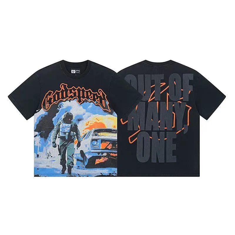 6028# Washed Black｜P116 Godspeed cross-border American rock and roll street washed retro style short-sleeved T (craft print) Fabric (fabric): 32 count combed double yarn 250 grams weight Size (size): S-M-L-XL Color (colour): Washed black 👉