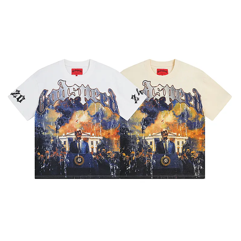 3010# P110 Real shot Godspeed American fashion rock street retro loose printed cotton short sleeves Fabric: 240g 32 count fine cotton double yarn pure cotton Color: off-white apricot Size: S M L XL