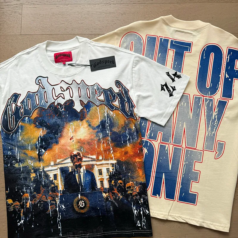 3010# P110 Real shot Godspeed American fashion rock street retro loose printed cotton short sleeves Fabric: 240g 32 count fine cotton double yarn pure cotton Color: off-white apricot Size: S M L XL