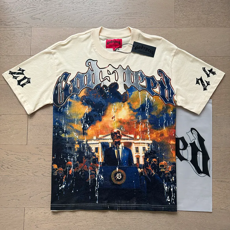 3010# P110 Real shot Godspeed American fashion rock street retro loose printed cotton short sleeves Fabric: 240g 32 count fine cotton double yarn pure cotton Color: off-white apricot Size: S M L XL