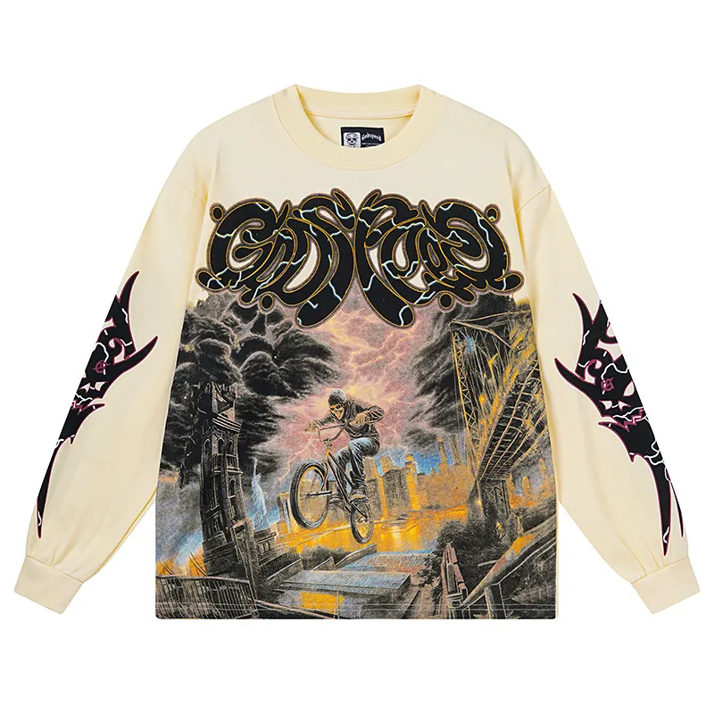 3173# P140 Real shot of Godspeed American trendy rock and roll street pure cotton loose bottoming long-sleeved T-shirt long T. Fabric: 270g 32 count fine cotton double yarn pure cotton Color: Apricot Code number: S M L XL