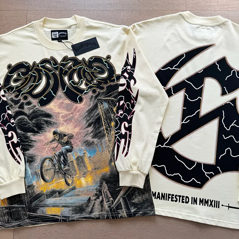 3173# P140 Real shot of Godspeed American trendy rock and roll street pure cotton loose bottoming long-sleeved T-shirt long T. Fabric: 270g 32 count fine cotton double yarn pure cotton Color: Apricot Code number: S M L XL