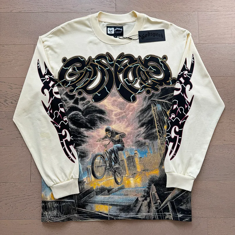 3173# P140 Real shot of Godspeed American trendy rock and roll street pure cotton loose bottoming long-sleeved T-shirt long T. Fabric: 270g 32 count fine cotton double yarn pure cotton Color: Apricot Code number: S M L XL