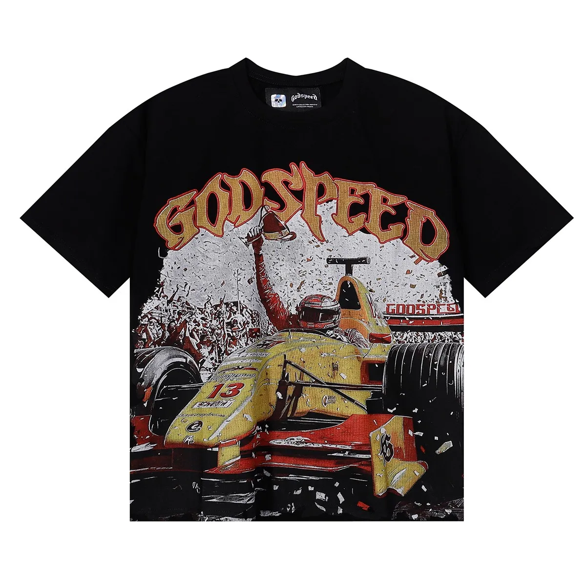 Batch 106, No. 7087, Mechao Godspeed racing championship scene printed high-quality double yarn pure cotton casual short-sleeved T-shirt Color: black, white; Size: S M L XL