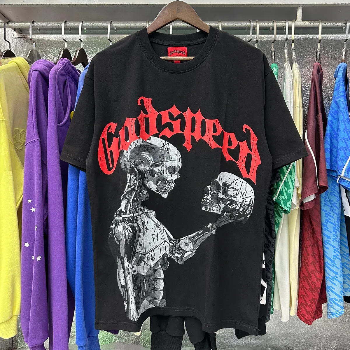 Actual photo, No. 7038, 2025 Meichao Godspeed Technology Staring Skull Print High Quality Double Yarn Pure Cotton Casual Short Sleeve T Batch 110 Color: Black, White; Size: S M L XL