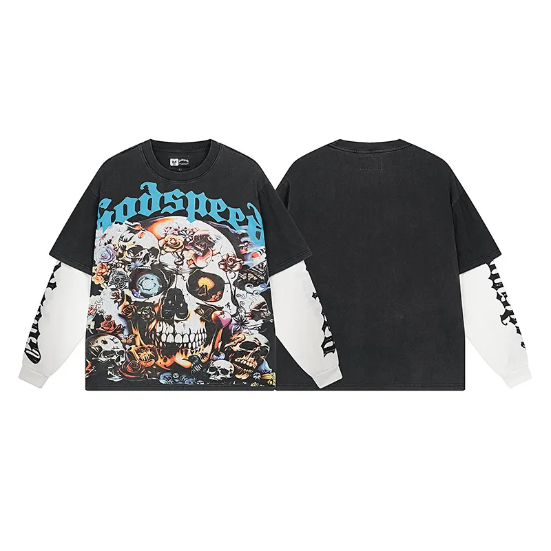 1156# P170 Real shot of Godspeed American fashion street retro washed and distressed fake two-piece pure cotton long T. Fabric: 270g 32 count fine cotton double yarn pure cotton Color: washed black Size: S M L XL