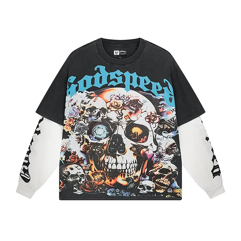 1156# P170 Real shot of Godspeed American fashion street retro washed and distressed fake two-piece pure cotton long T. Fabric: 270g 32 count fine cotton double yarn pure cotton Color: washed black Size: S M L XL