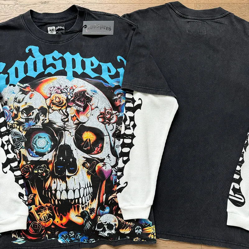 1156# P170 Real shot of Godspeed American fashion street retro washed and distressed fake two-piece pure cotton long T. Fabric: 270g 32 count fine cotton double yarn pure cotton Color: washed black Size: S M L XL