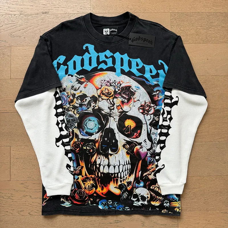 1156# P170 Real shot of Godspeed American fashion street retro washed and distressed fake two-piece pure cotton long T. Fabric: 270g 32 count fine cotton double yarn pure cotton Color: washed black Size: S M L XL