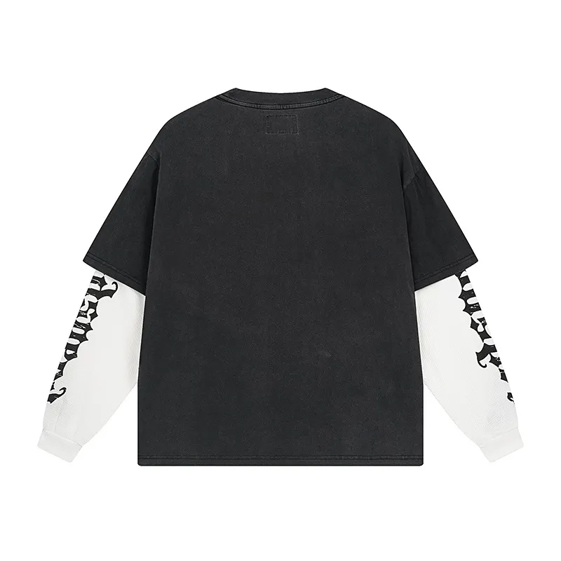 1156# P170 Real shot of Godspeed American fashion street retro washed and distressed fake two-piece pure cotton long T. Fabric: 270g 32 count fine cotton double yarn pure cotton Color: washed black Size: S M L XL