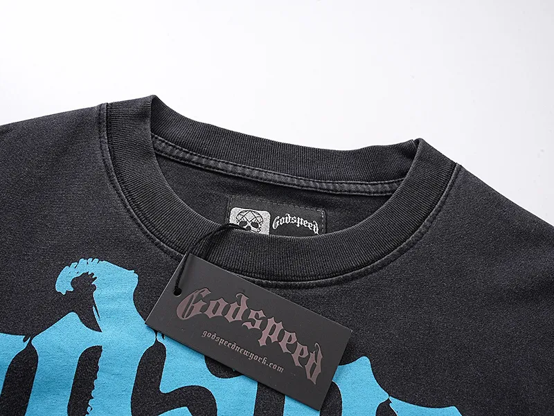 1156# P170 Real shot of Godspeed American fashion street retro washed and distressed fake two-piece pure cotton long T. Fabric: 270g 32 count fine cotton double yarn pure cotton Color: washed black Size: S M L XL
