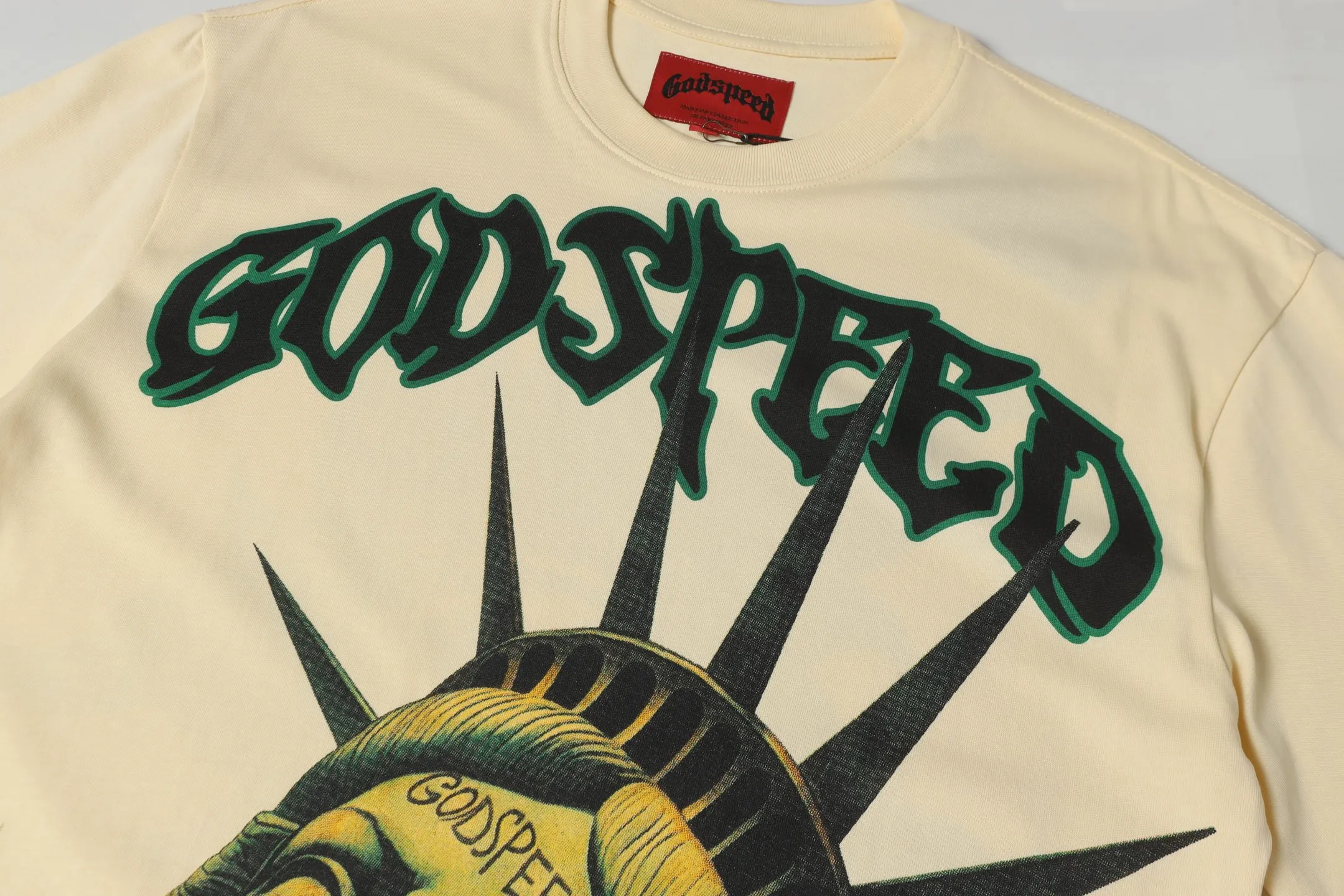 5043#apricot|P104 Godspeed cross-border American rock and roll street washed retro style short-sleeved T (craft printing) fabric (fabric) 32-count combed double yarn 240 grams weight code number (size): S-M-L-XL color (colour): apricot