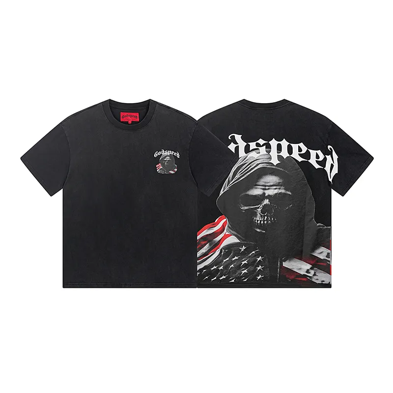 1088# P126 Washed Black Real Shot Godspeed American Fashion Rock Street Retro Washed Distressed Printed Pure Cotton Short Sleeves Fabric: 250g 32 Count Fine Cotton Double Yarn Pure Cotton Color: Washed Black Size: S M L XL