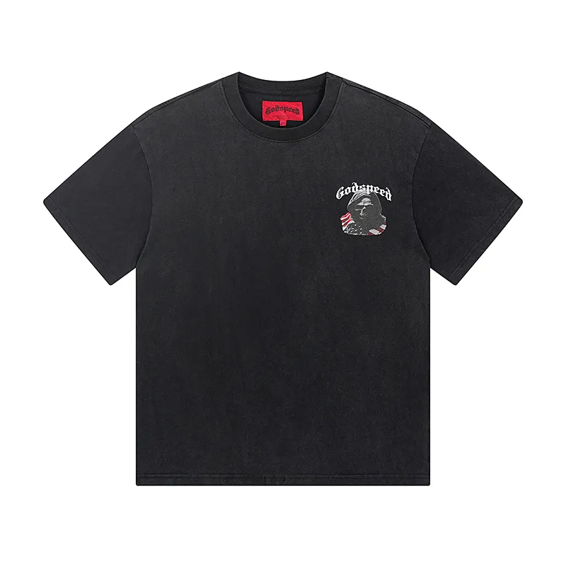 1088# P126 Washed Black Real Shot Godspeed American Fashion Rock Street Retro Washed Distressed Printed Pure Cotton Short Sleeves Fabric: 250g 32 Count Fine Cotton Double Yarn Pure Cotton Color: Washed Black Size: S M L XL