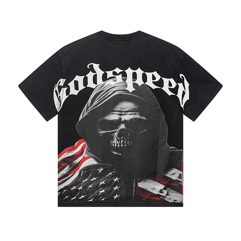 1088# P126 Washed Black Real Shot Godspeed American Fashion Rock Street Retro Washed Distressed Printed Pure Cotton Short Sleeves Fabric: 250g 32 Count Fine Cotton Double Yarn Pure Cotton Color: Washed Black Size: S M L XL