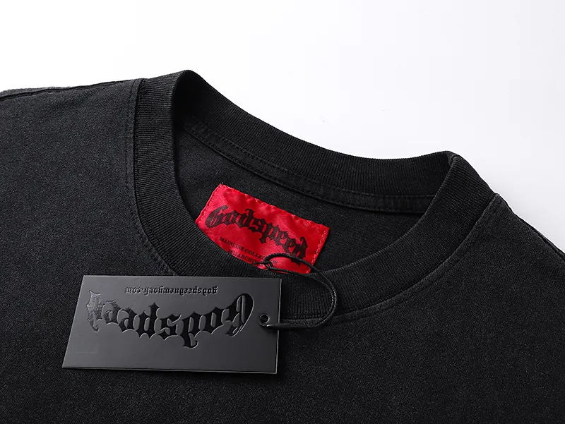 1088# P126 Washed Black Real Shot Godspeed American Fashion Rock Street Retro Washed Distressed Printed Pure Cotton Short Sleeves Fabric: 250g 32 Count Fine Cotton Double Yarn Pure Cotton Color: Washed Black Size: S M L XL