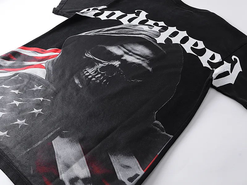 1088# P126 Washed Black Real Shot Godspeed American Fashion Rock Street Retro Washed Distressed Printed Pure Cotton Short Sleeves Fabric: 250g 32 Count Fine Cotton Double Yarn Pure Cotton Color: Washed Black Size: S M L XL