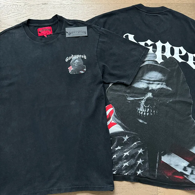 1088# P126 Washed Black Real Shot Godspeed American Fashion Rock Street Retro Washed Distressed Printed Pure Cotton Short Sleeves Fabric: 250g 32 Count Fine Cotton Double Yarn Pure Cotton Color: Washed Black Size: S M L XL