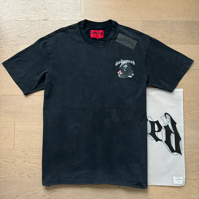 1088# P126 Washed Black Real Shot Godspeed American Fashion Rock Street Retro Washed Distressed Printed Pure Cotton Short Sleeves Fabric: 250g 32 Count Fine Cotton Double Yarn Pure Cotton Color: Washed Black Size: S M L XL