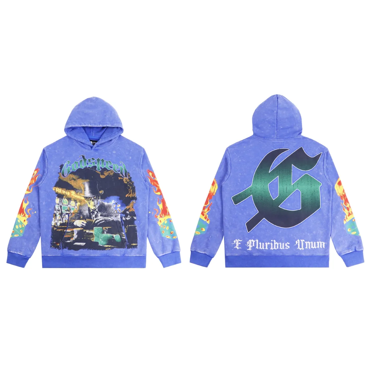 P196 Actual shot of the trendy Godspeed guitar skull denim print high quality terry sweatshirt hoodie color; washed black washed blue code number: S M L XL