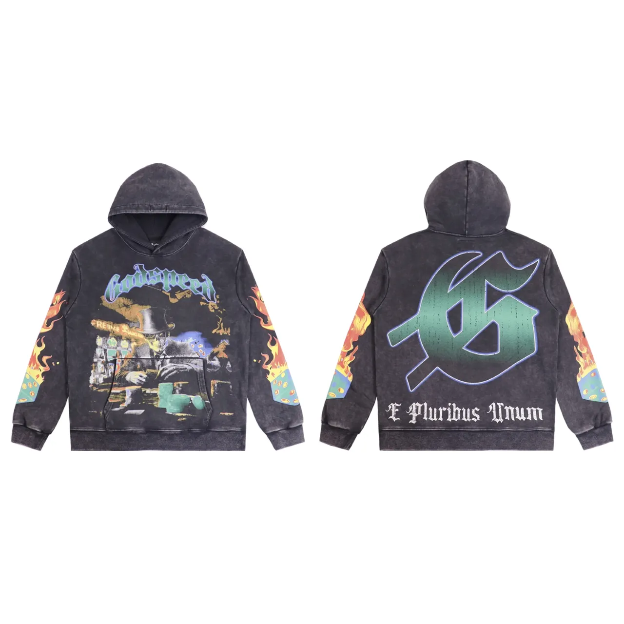 P196 Actual shot of the trendy Godspeed guitar skull denim print high quality terry sweatshirt hoodie color; washed black washed blue code number: S M L XL