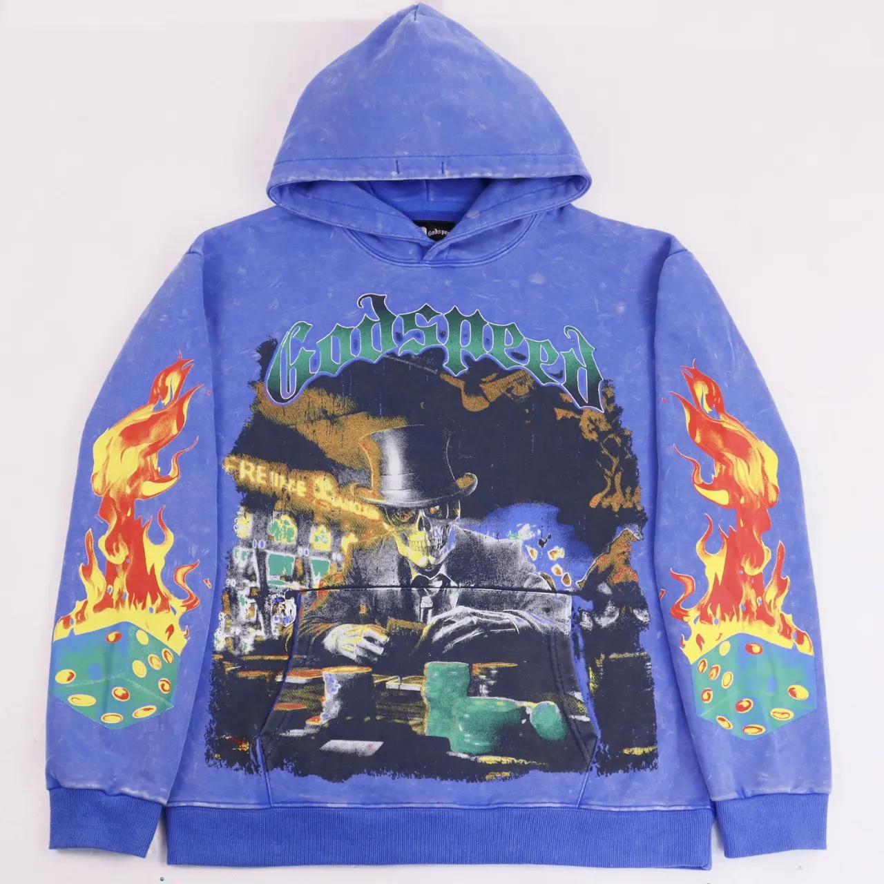 P196 Actual shot of the trendy Godspeed guitar skull denim print high quality terry sweatshirt hoodie color; washed black washed blue code number: S M L XL