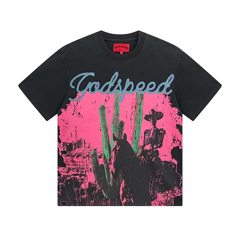 1058# P126 Washed Black Real Shot Godspeed American Fashion Rock Street Retro Washed Distressed Printed Pure Cotton Short Sleeves Fabric: 250g 32 Count Fine Cotton Double Yarn Pure Cotton Color: Washed Black Size: S M L XL