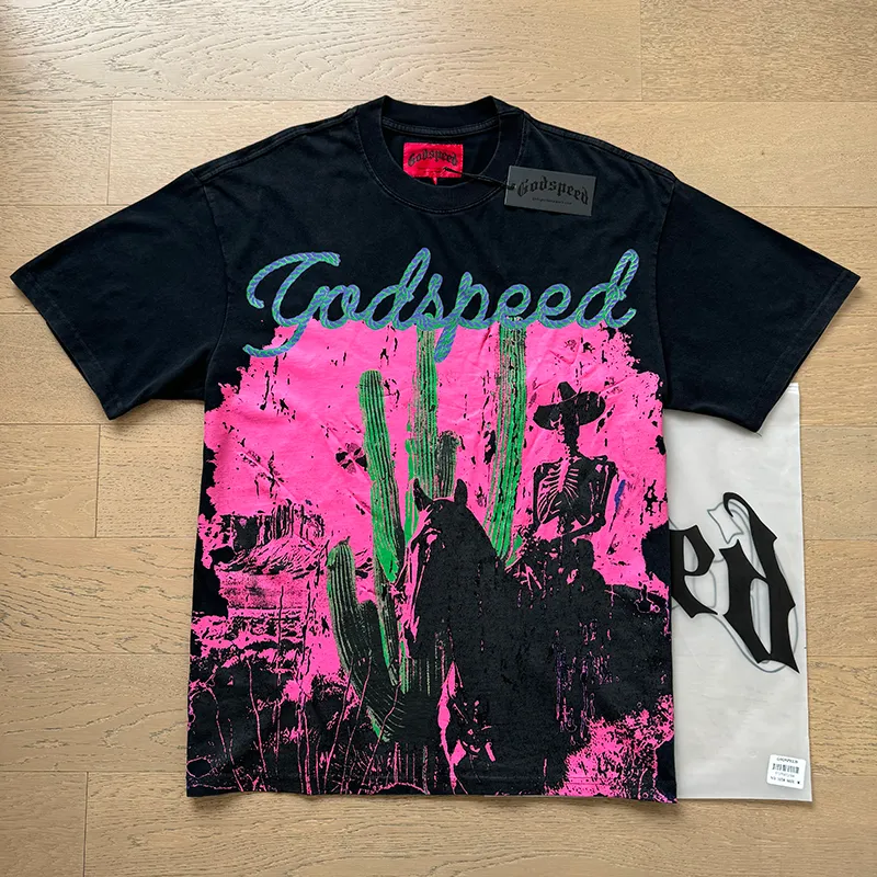 1058# P126 Washed Black Real Shot Godspeed American Fashion Rock Street Retro Washed Distressed Printed Pure Cotton Short Sleeves Fabric: 250g 32 Count Fine Cotton Double Yarn Pure Cotton Color: Washed Black Size: S M L XL