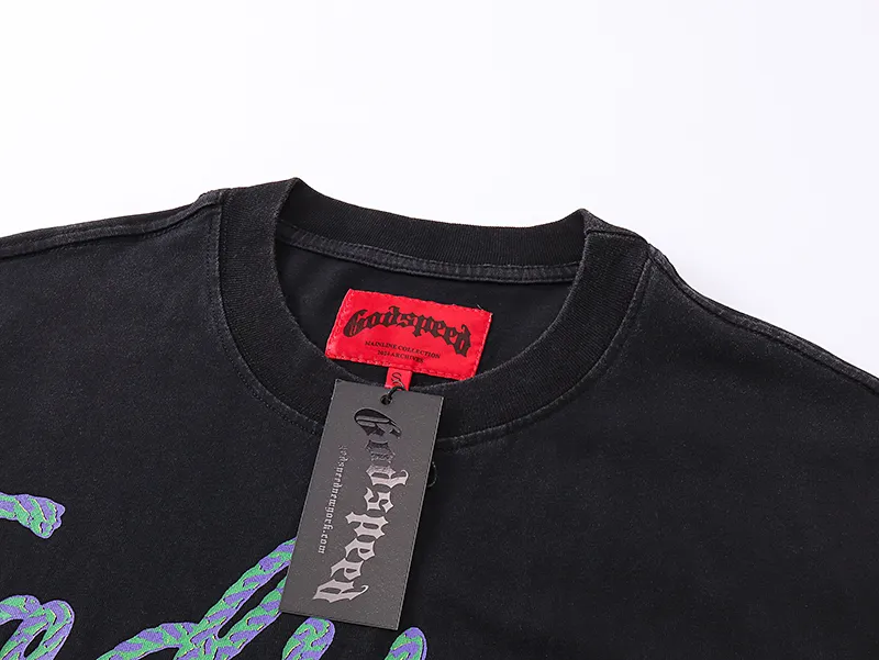 1058# P126 Washed Black Real Shot Godspeed American Fashion Rock Street Retro Washed Distressed Printed Pure Cotton Short Sleeves Fabric: 250g 32 Count Fine Cotton Double Yarn Pure Cotton Color: Washed Black Size: S M L XL